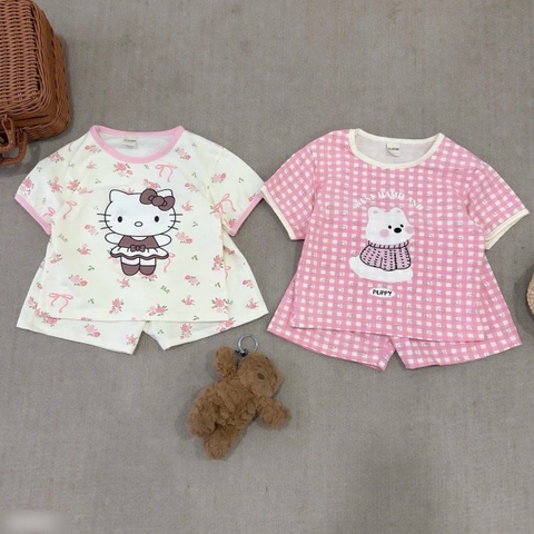 CB303- Combo 2 bộ cộc tay kẻ caro hồng chạy viền chất cotton