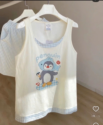 Set890- Bộ thun cotton mặc nhà sát nách phối quần short kẻ xanh