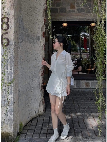 A122-Áo sơmi nữ đũi buộc lệch vạt 2 màu trắng nâu