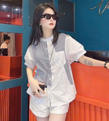 A263- Áo SƠ MI trắng kẻ PHỐI CỔ TẦU chất thô lụa