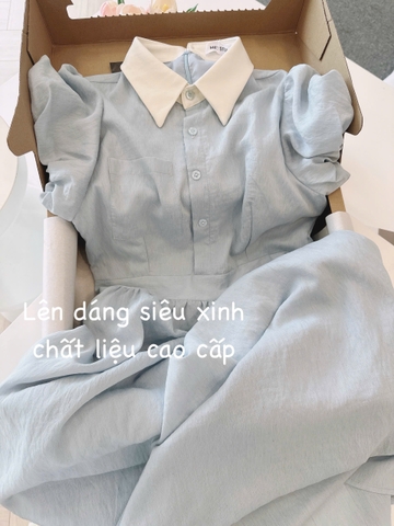 Dam170- đầm tơ xanh phối cổ trắng 2 lớp dáng xoè dài