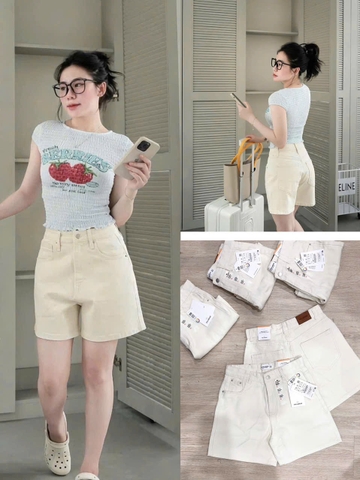 Quan050- Quần short jeans  trắng gạo mác da full tem nhà máy
