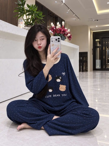 SET1072-SEt xanh thâan chấm bi IN GẤU viền trắng  chất zip lông