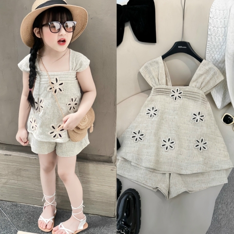 SETKID022- Set hoa thêu MẸ-COM màu be cao cấp