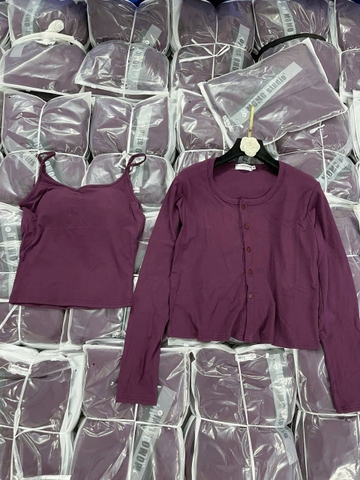 A369-Set áo thun díp 2 dây phối cadigan màu tím