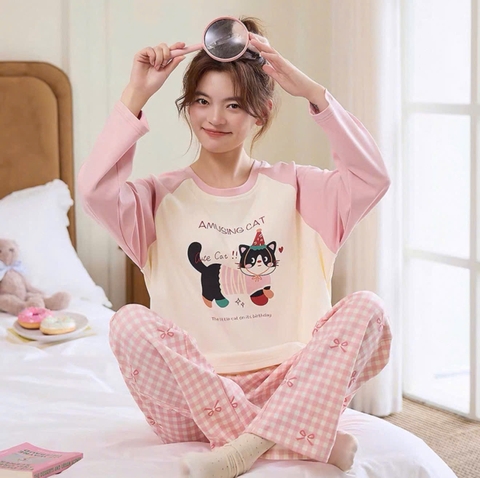 SET1022-Bộ mẹ con dáng dài màu hồng hình in