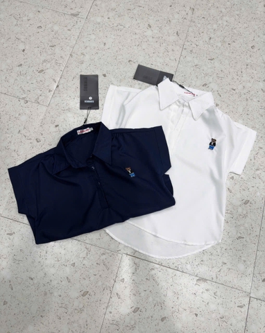 A255-Áo  sơmi nữ tay hến thêu gấu 2 màu xanh trắng