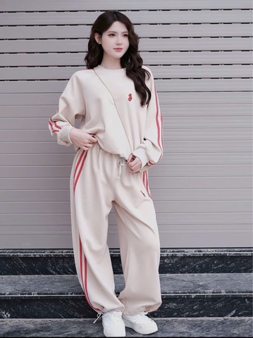 Set781- Bộ nỉ nữ haida màu be sọc đỏ dày dặn