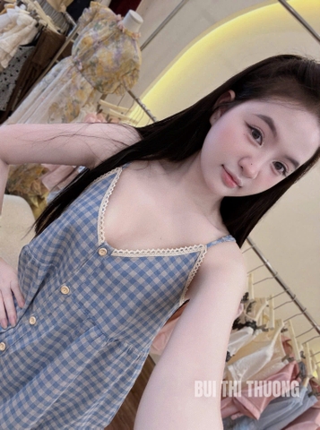 Set924-Set mặc nhà áo 2 dây kẻ phối quần suông