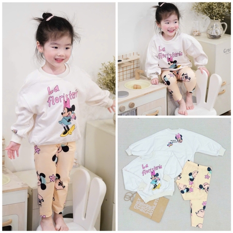 Bn148- (8-25kg)- Bộ nỉ thu đông dài tay bé gái Mickey cam trắng VNXK