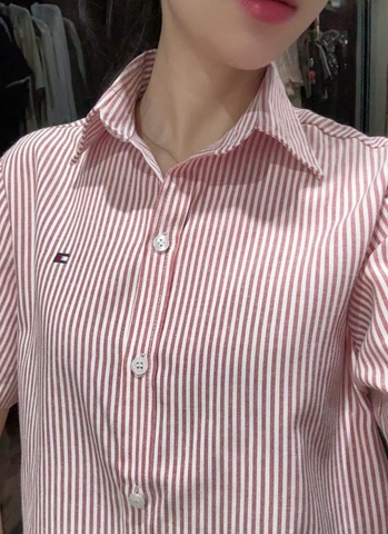 A244-Áo sơ mi TÔM MỲ 2 màu kẻ bọc viền cổ logo thêu