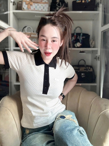 a251- Áo polo chấm bi cổ đen chất đẹp full tem