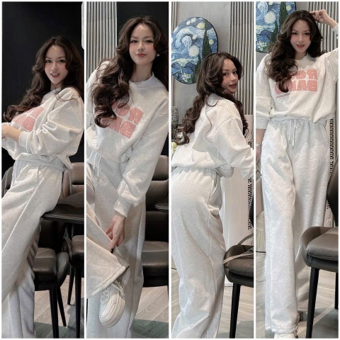 Set833- Set nỉ xám chữ hồng dáng quần bom