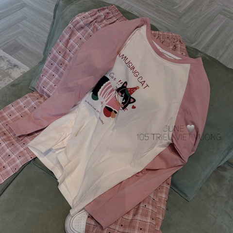 Set806- Bộ cotton hồng in ngựa quần thô  kẻ phối tay