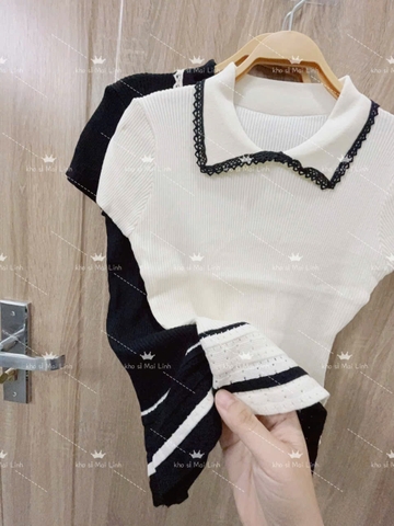 A363- Áo len dáng ôm viền ren Quảng Châu 2 màu đen- be