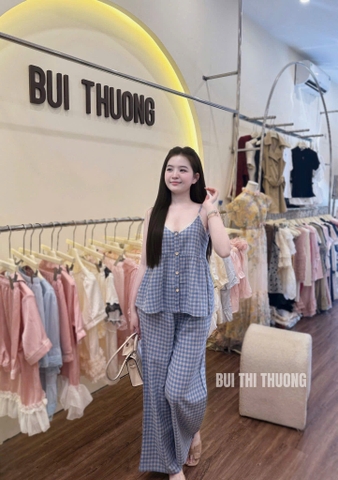 Set924-Set mặc nhà áo 2 dây kẻ phối quần suông