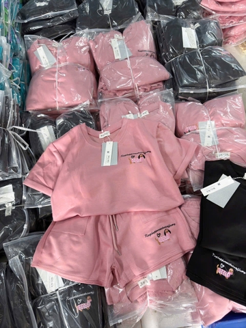 SET518- Set thun mì cộc thêu Cún 2 màu đen,hồng