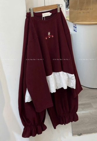 set856- Set chữ nỉ hai da phối quần đỏ viền