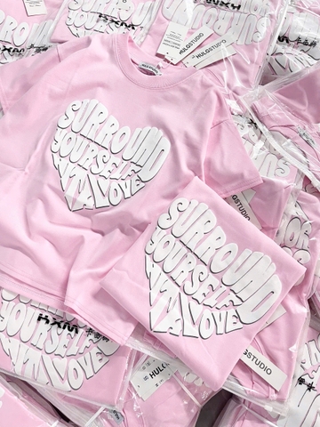 A492-Áo thun cộc tay hồng in chữ trắng nổi đủ tem hàng nhà máy