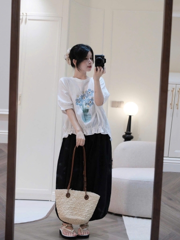 SET984-SET in hoa 3D áo sơ ni trắng mix quần bom màu đen