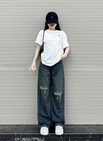 QUAN014-QUẦN JEANS SUÔNG RÁCH 2 BÊN MÀU ĐẬM