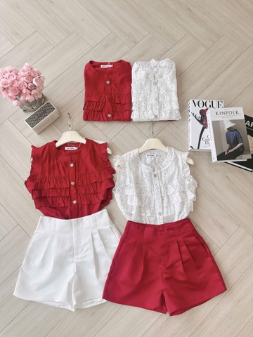 SET652-Set áo sơ mi bèo chấm bi phối quần short tafta đỏ trắng