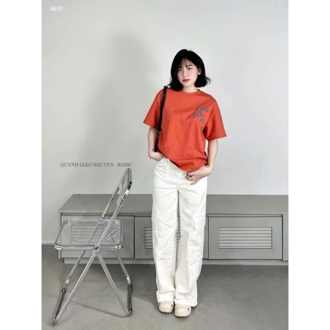 A211-Áo thun suông màu cam in chữ