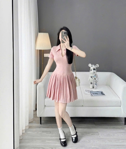 💎DAM139-  VÁY HỒNG XẾP LI LEN DÍP HÀN 🌷