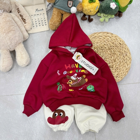 Bt702- Bộ nỉ Noel mũ bông trẻ em màu đỏ b e