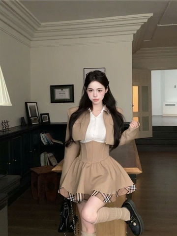 SET398- SET PHỐI ÁO VEST KHOÁ MIX VÁY XOÈ COSSET 2 LỚP