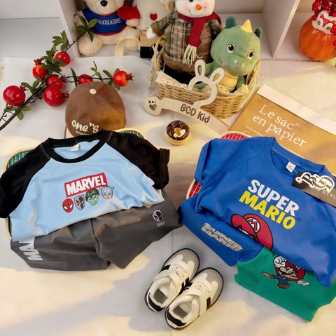 BT840-Combo 2 bộ thun cotton cộc tay bé trai Super Mario 9-26kg