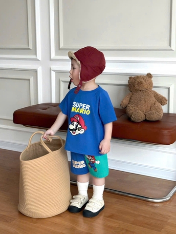 BT840-Combo 2 bộ thun cotton cộc tay bé trai Super Mario 9-26kg