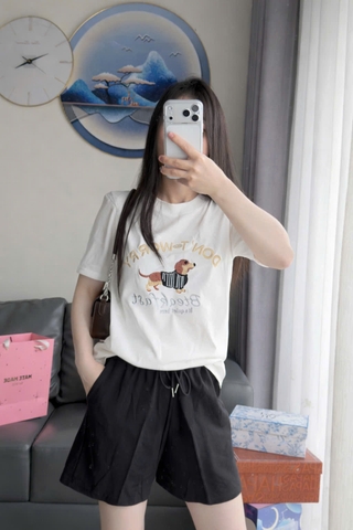 Set867- Set áo thun THÊU NGỰA cộc phối quần short đen vải umi mềm mát