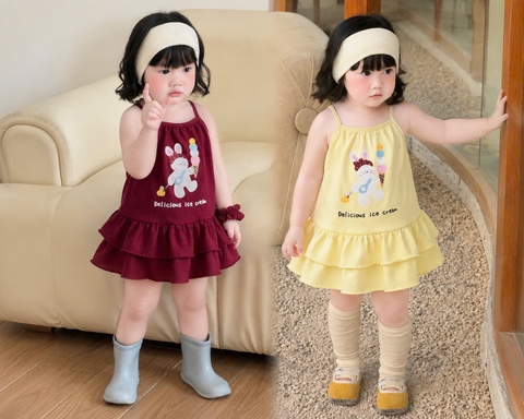 BT977- Combo 2 đầm dây vàng chất cotton in hình