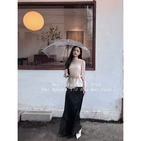 SET397-SET ÁO VOAN TƠ PHỐI CHÂN VÁY LỤA TẶNG KÈM ÁO 2 DÂY