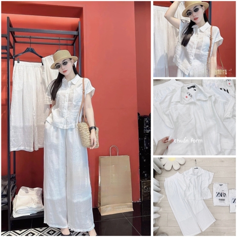 SET307-Set áo đũi trắng phối quần suông