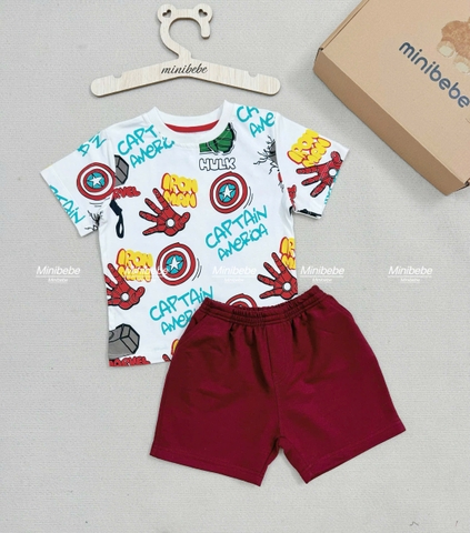 BN098- Bộ cotton SIÊU ANH HÙNG trắng đỏ áo cotton mix quần cua