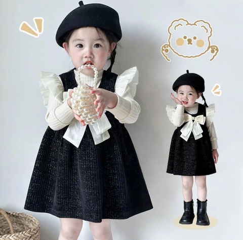 SETKID010-Set đầm dạ đen tag nơ đá mix áo giữ nhiệt màu trắng