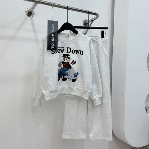 Set855- Bộ nỉ xám in chữ SLOW quần suông