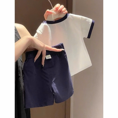 BT834- Bộ cotton đính chó nổi viền trắng-xanh trẻ em