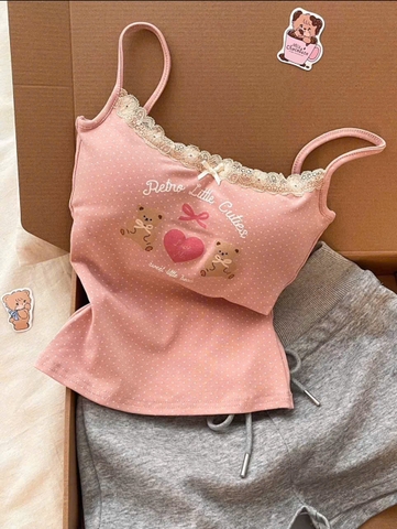 Set610- Bộ áo dây Pink viền ren hồng quần xám có đệm ngực