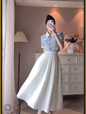 SET394-SET CHÂN VÁY XẾP LI MIXX ÁO WEET XANH  2 LỚP PHỐI CỔ 🌺