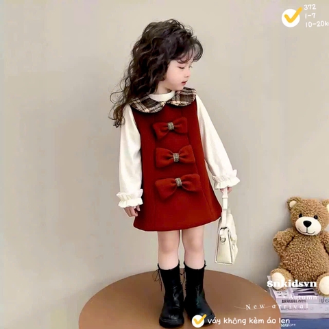 Bt773- Đầm dạ dạ đỏ 3 nơ bé gái 2 lớp chất mịn đẹp