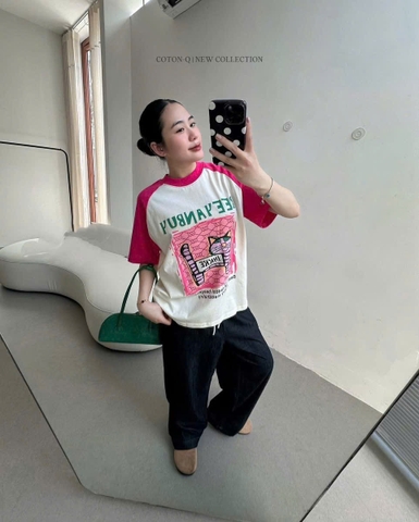 A570- Áo thun suông cộc hồng trắng hàng nhà máy đủ tem