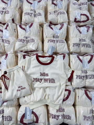 SET487-Set áo thun bo gấu phối quần ống suông rộng be