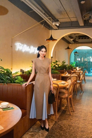 ✨ SET256-Set nâu tay vạt phố kẻ dáng midi