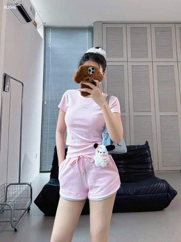 Set754- Bộ mặc nhà cộc tay hồng nhạt phối xám