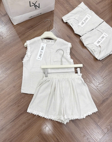 Set871-set áo linen gile phối ren kèm quần short