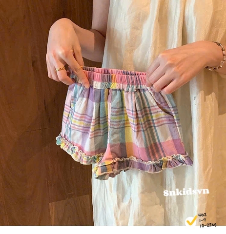 BT854-Bộ kẻ bé gái thêu cổ viền bèo dáng babydoll
