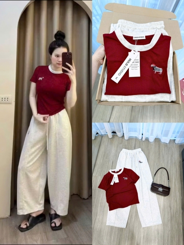 SET885-Set thêu ngựa áo đỏ-quần nỉ dài cạp chun